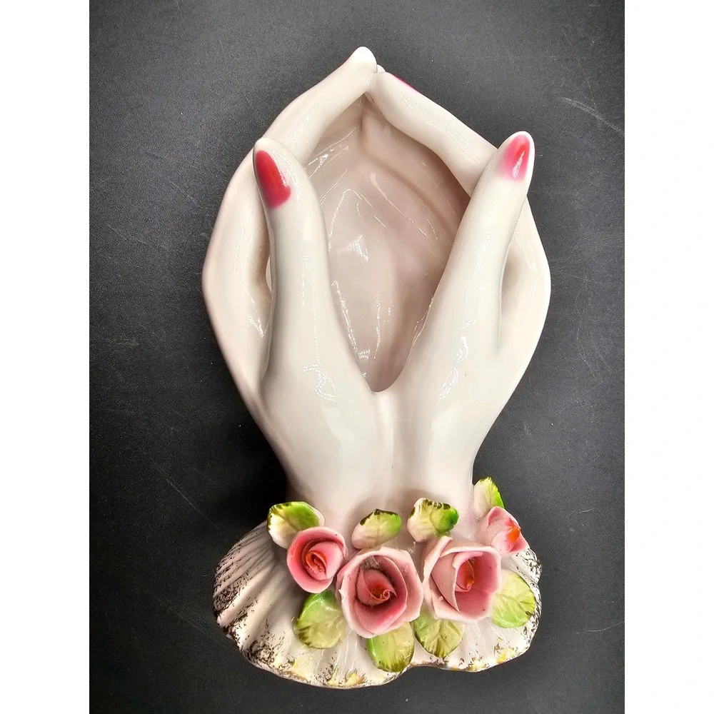Vintage Lefton China Hand Painted Lady Hands Wall Pocket Vase Pink Rose Japan AB